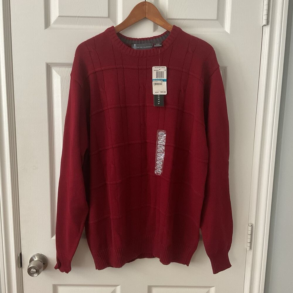 OSCAR DE LA RENTA Sweater Cotton Red Crewneck Cable Knit Crew Neck XL